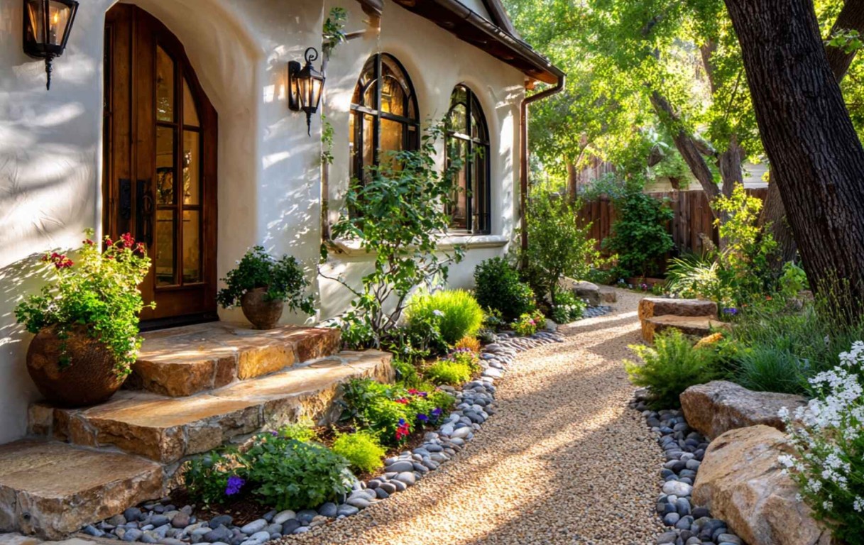Stunning home entrance with stone steps and professional landscaping in Yucaipa, CA